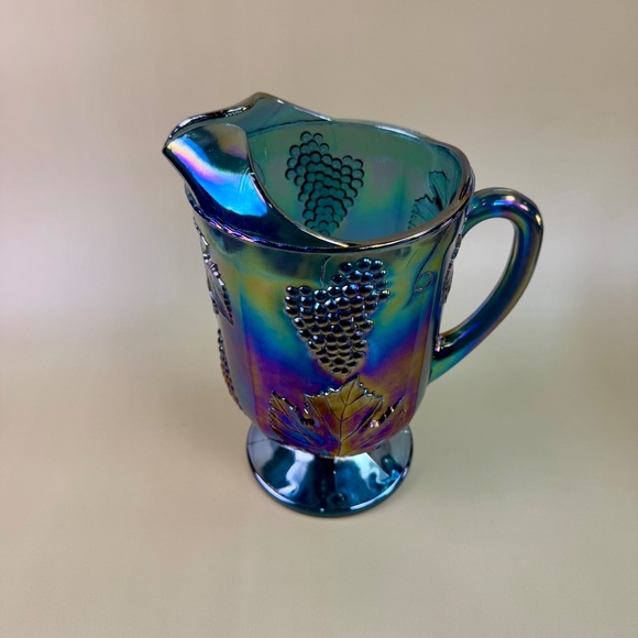 Vintage Indiana Glass Blue Carnival Grape Vine Pitcher | Iridescent Pedestal - Picture 16 of 16